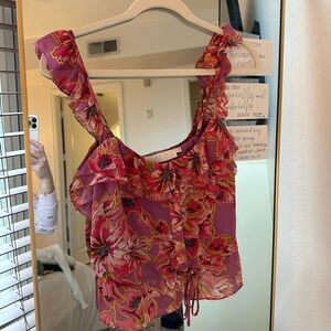 Astr Pink and Yellow Floral Ruffle Blouse